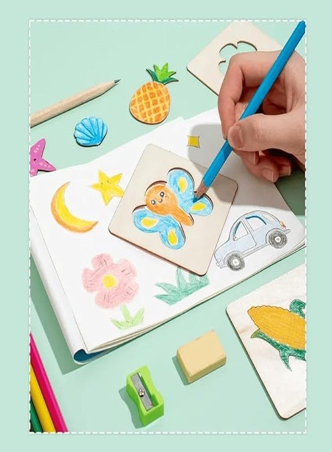Curious Button Wooden Painting Stencil kit (15 pcs) with Crayons, Water Color pens and Pencil Colors (not Included), DIY Wooden Drawing Stencil, Colouring Puzzle kit - Image 4